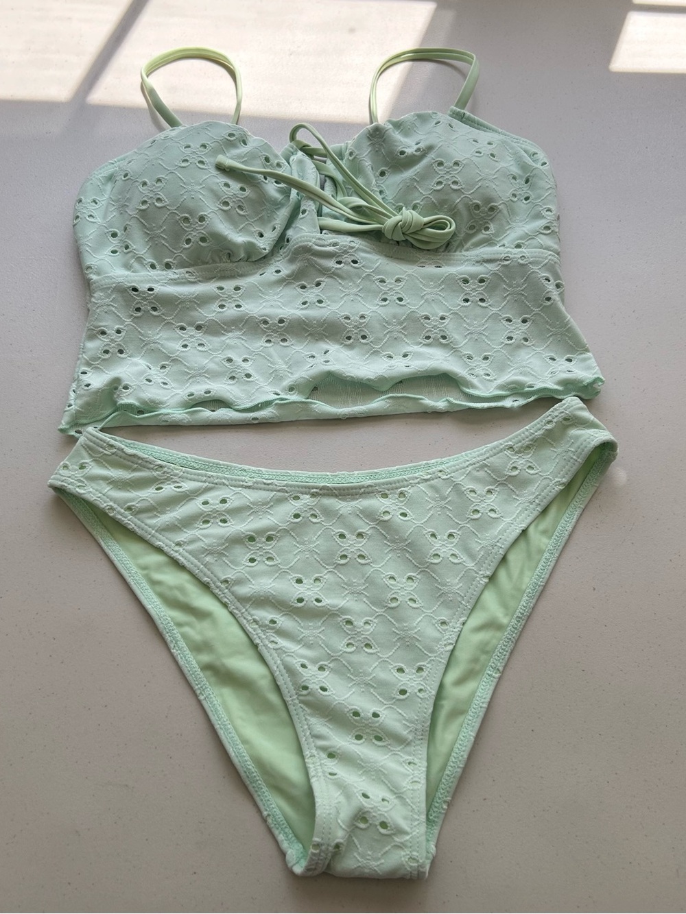 Samiol Tankini Bikini Set Medium Green Textured Cut Out Swimwear New
